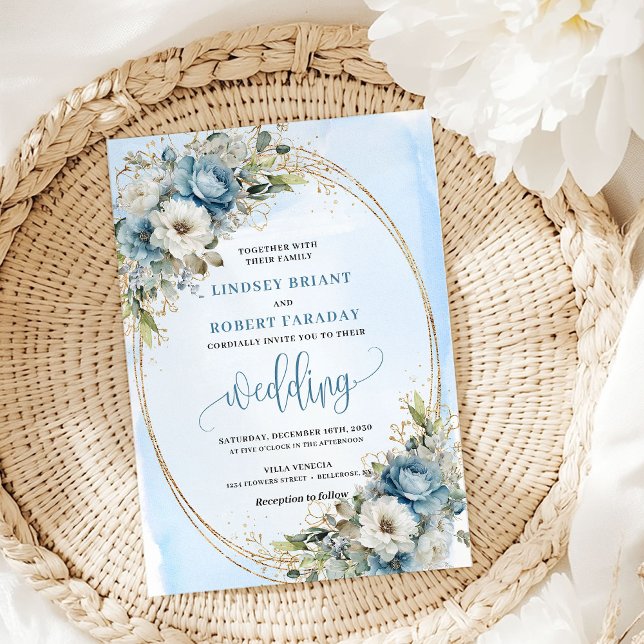 Convite de Casamento com Flores Azuis Boêmias em M (Bohemian Blue Flowers Gold Frame Wedding Invitation)