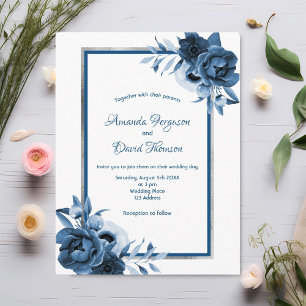 Convite de casamento com flores azuis e prata
