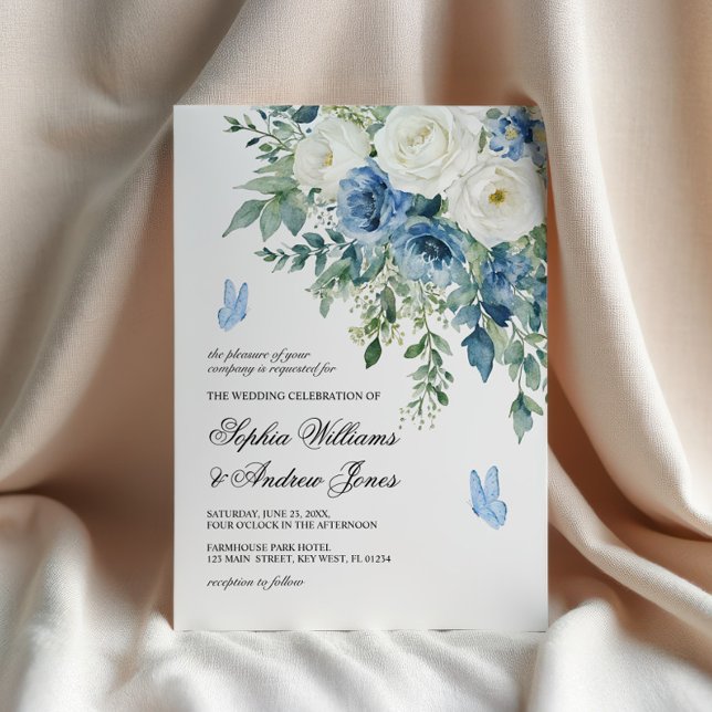 Convite de Casamento com Flores Azuis Empoeiradas (Criador carregado)