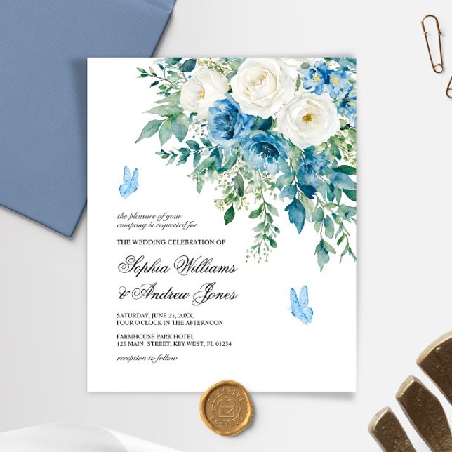 Convite de Casamento com Flores Azuis Empoeiradas (Criador carregado)