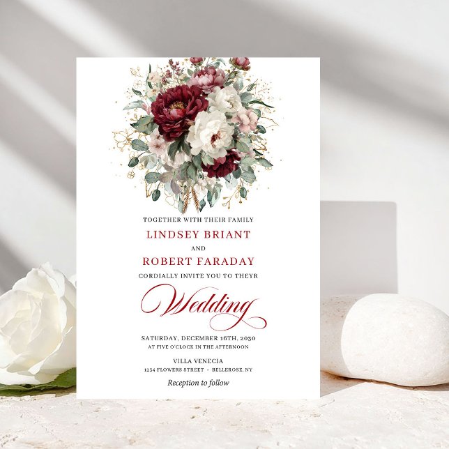 Convite de Casamento com Flores Brancas Borgonha R (Romantic Burgundy White Flowers Wedding Invitation)