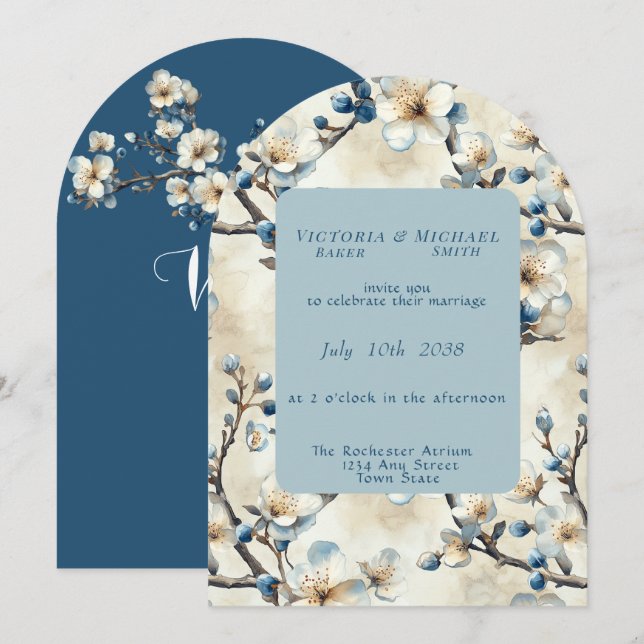 Convite de Casamento com Flores Brancas e Azuis da (Frente/Verso)