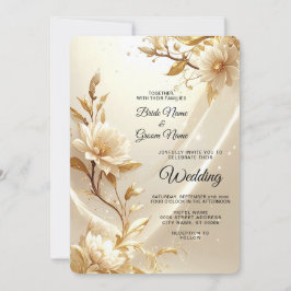 Convite de Casamento com Flores Brancas e Douradas