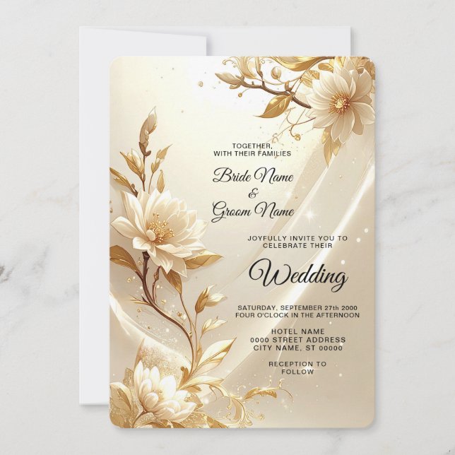 Convite de Casamento com Flores Brancas e Douradas (Frente)
