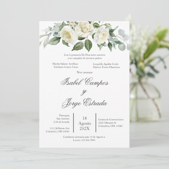 Convite de Casamento com Flores Brancas e Folhagen (Em pé/Frente)