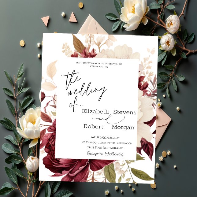 Convite de Casamento com Flores Burgundy Chiques (Criador carregado)