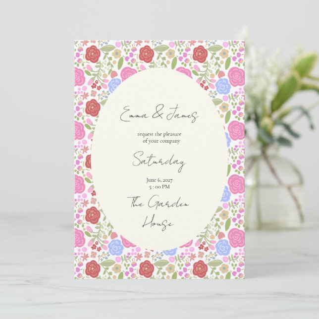 Convite de casamento com flores caprichosas (Em pé/Frente)