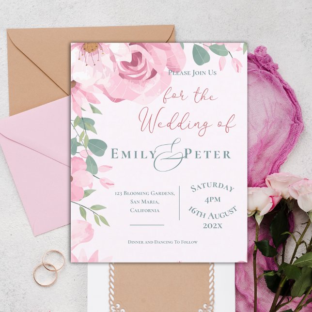 Convite de casamento com flores cor de rosa suave  (Cute Pretty Blush Pink Florals Wedding invitation)