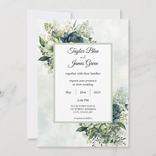 Convite de Casamento com flores de aquarela Azul V (Frente)