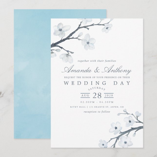 Convite de Casamento com Flores de Cerejeira Branc (Frente/Verso)