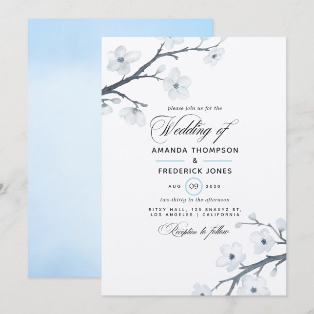 Convite de Casamento com Flores de Cerejeira Branc (Frente/Verso)