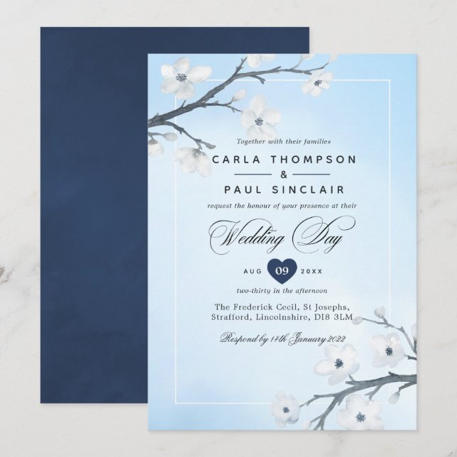 Convite de Casamento com Flores de Cerejeira Branc (Frente/Verso)