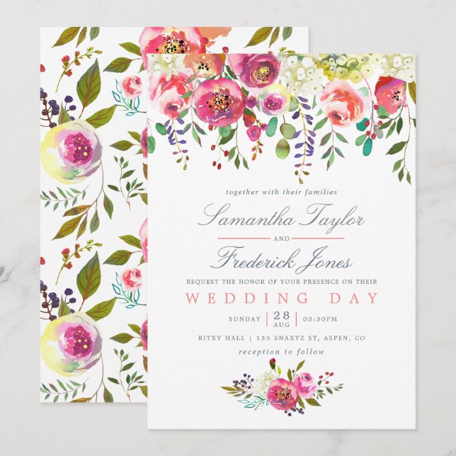 Convite de Casamento com Flores de Pessegueiro Ros (Frente/Verso)