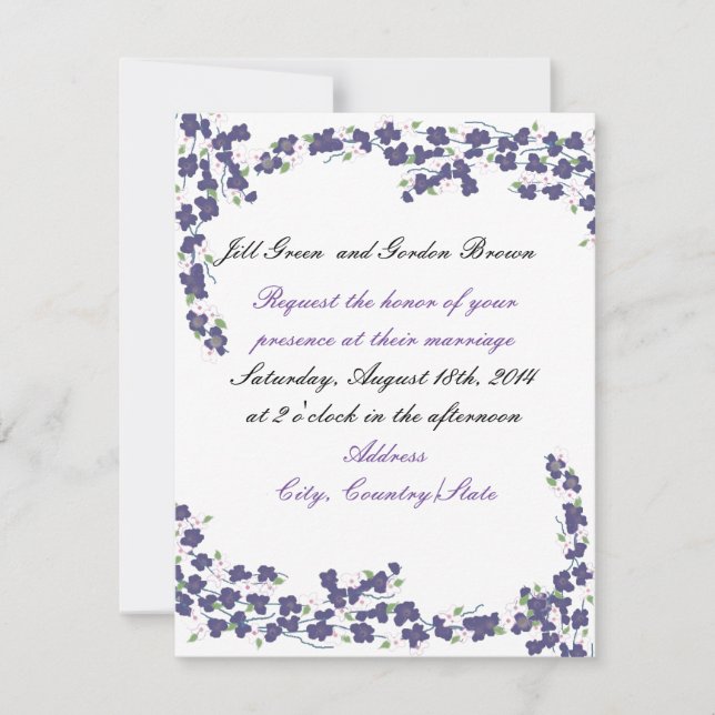 Convite de Casamento com Flores de Roxo Escuro (Frente)