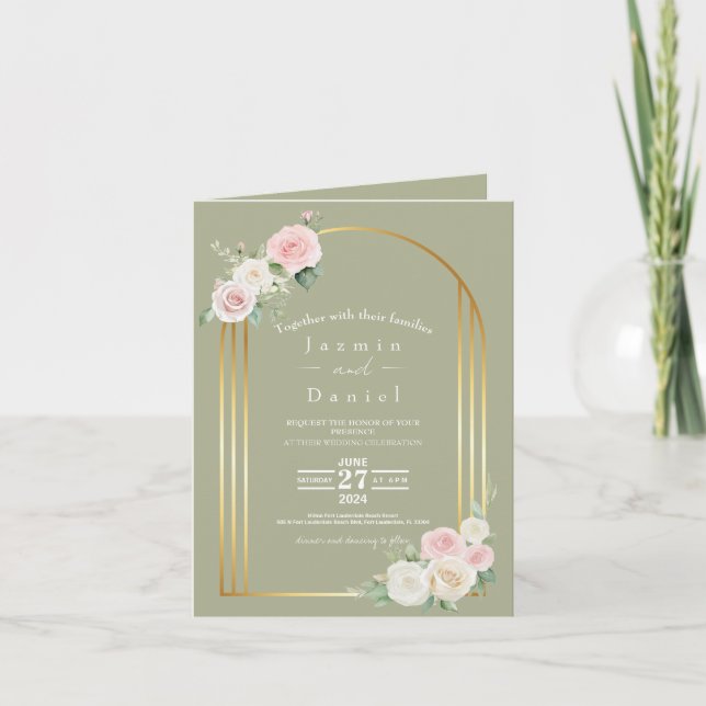 Convite de Casamento com Flores Desbotadas Rosa e  (Frente)