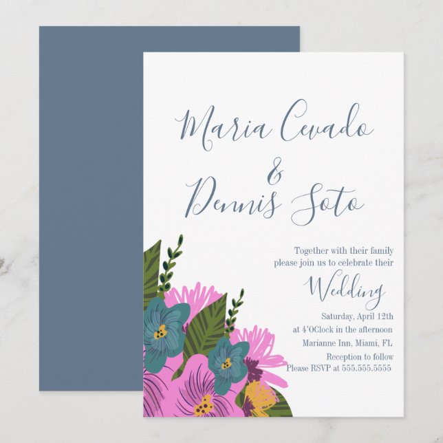 Convite de casamento com flores desenhadas à mão e (Frente/Verso)