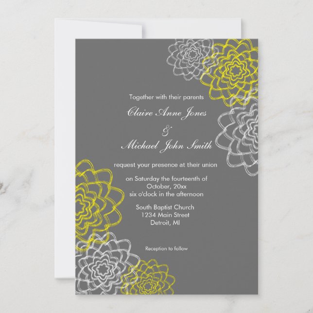 Convite de Casamento com Flores Desenhadas em Cinz (Frente)