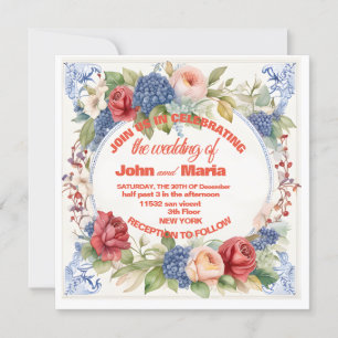 Convite de casamento com flores e fundo rosa