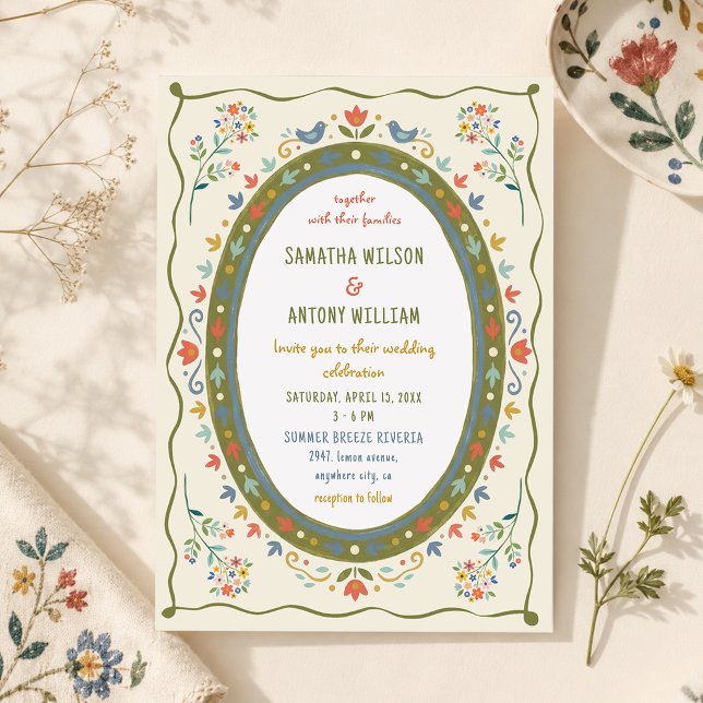 Convite de Casamento com Flores e Pássaros Folclór (Criador carregado)