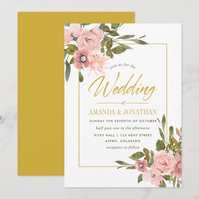 Convite de casamento com flores em aquarela em ton (Frente/Verso)