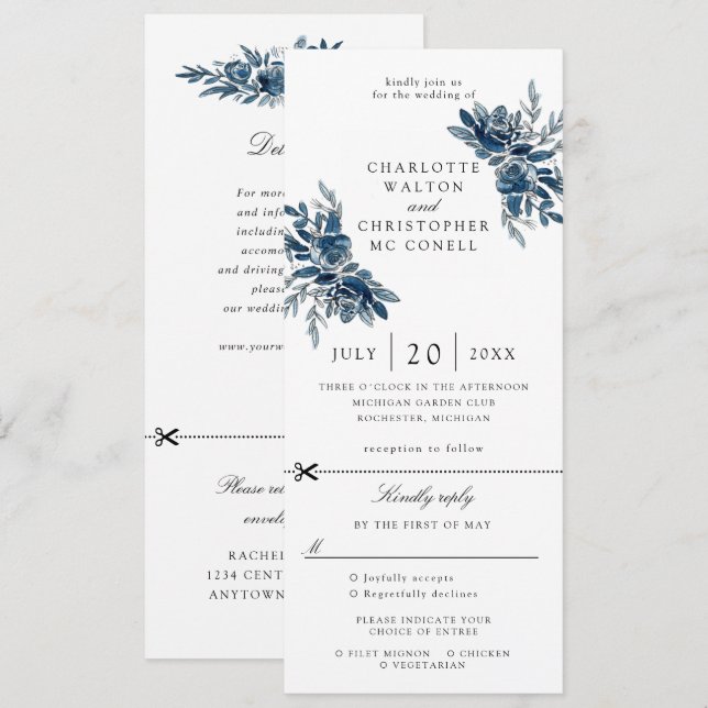 convite de casamento com flores índigo com RSVP an (Frente/Verso)
