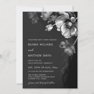 Convite de Casamento com Flores Prateadas, Pretas