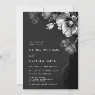 Convite de Casamento com Flores Prateadas, Pretas