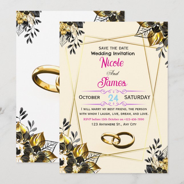 Convite de casamento com flores pretas e douradas  (Frente/Verso)