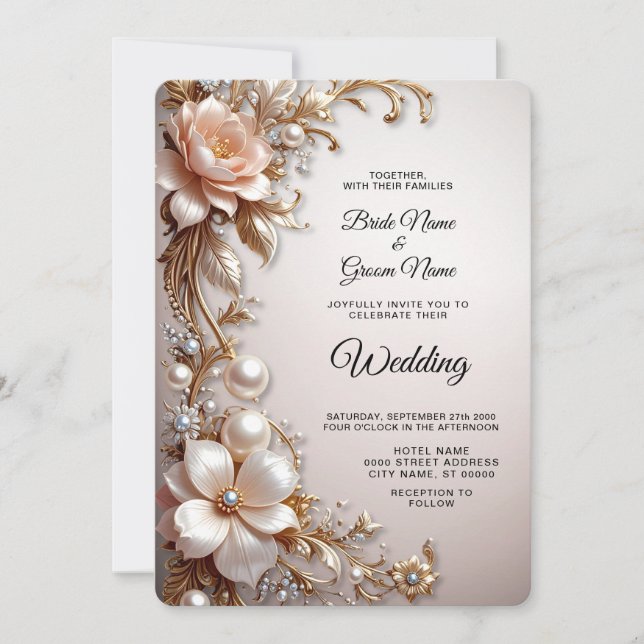 Convite de Casamento com Flores Rosa e Branco Suav (Frente)