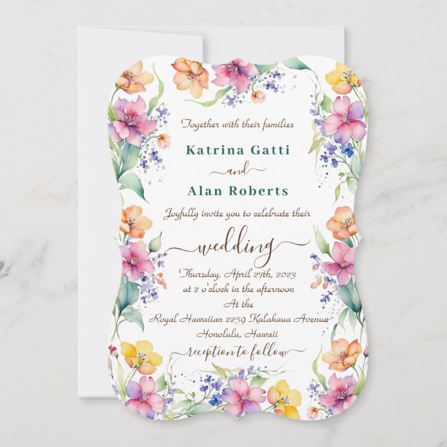 Convite de Casamento com Flores Rosa, Pêssego e Am (Frente)