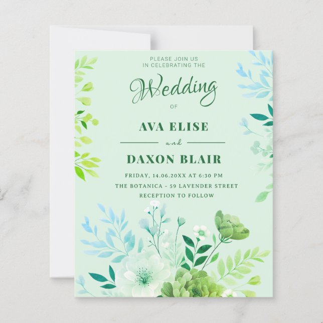 Convite de Casamento com Flores Rosadas e Verde (Frente)