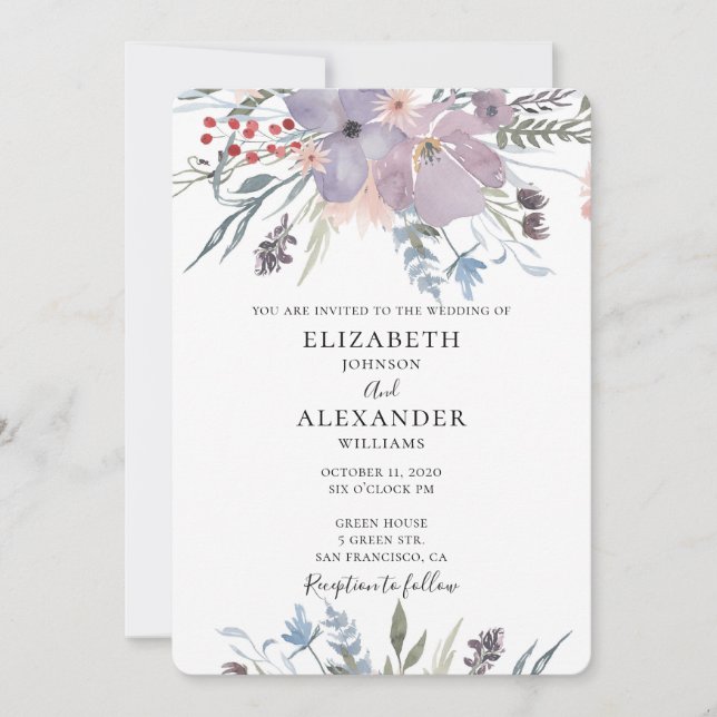 Convite de casamento com flores roxas. Convite flo (Frente)