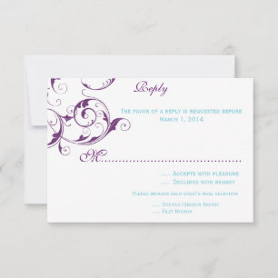 convite de casamento com flores roxas e azuis rsvp