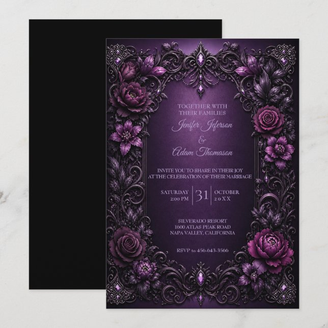 Convite de Casamento com Flores Roxas Mal-humorada (Frente/Verso)