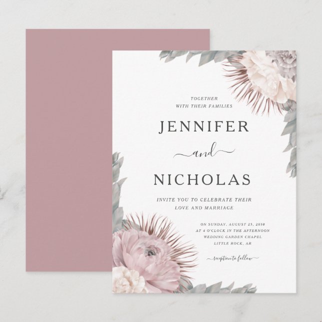 Convite de Casamento com Flores Secas Boho Rosa Em (Frente/Verso)
