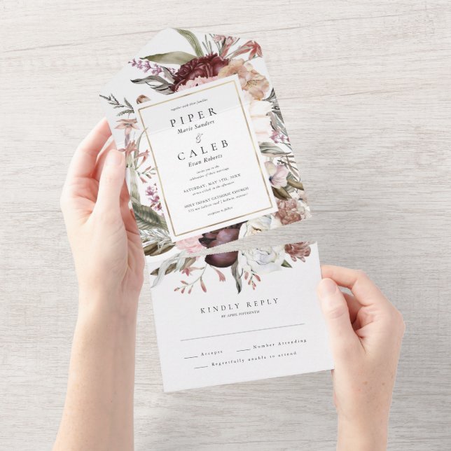 Convite de Casamento com Flores Silvestres em Aqua (Aba destacável)