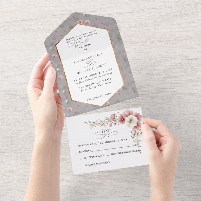 Convite de Casamento com Flores Silvestres Rosa  (Aba destacável)