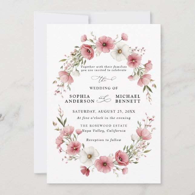 Convite de Casamento com Flores Silvestres Rosa (Frente)