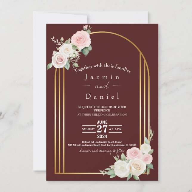 Convite de Casamento com Flores Tênues Rosa e Bran (Frente)