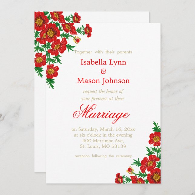 Convite de Casamento com Flores Vermelhas de Papou (Frente/Verso)