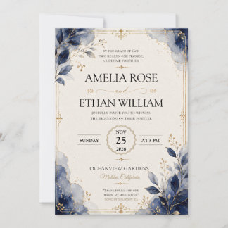 Convite de Casamento com Folha de Aquarela Azul Re