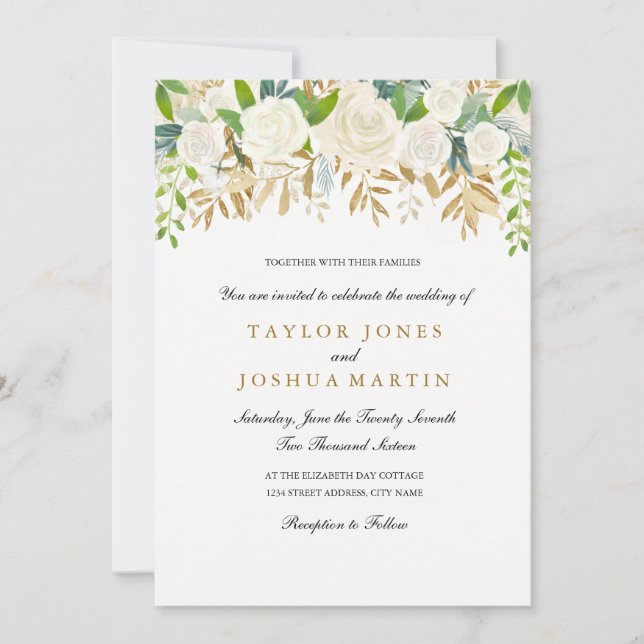 Convite de Casamento com Folha Floral Dourada em A (Frente)