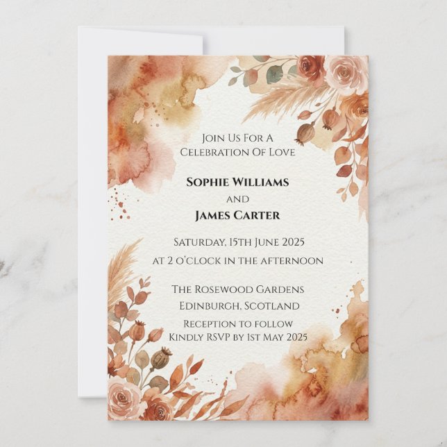 Convite de Casamento com Folhagem Botânica de Outo (Frente)