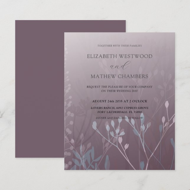 Convite de Casamento com Folhagem de Ameixa Profun (Frente/Verso)