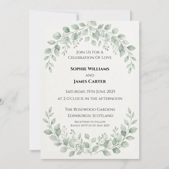 Convite de Casamento com Folhagem de Eucalipto (Frente)