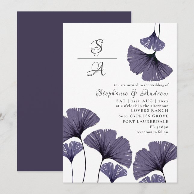 Convite de Casamento com Folhagem de Ginkgo Roxo M (Frente/Verso)