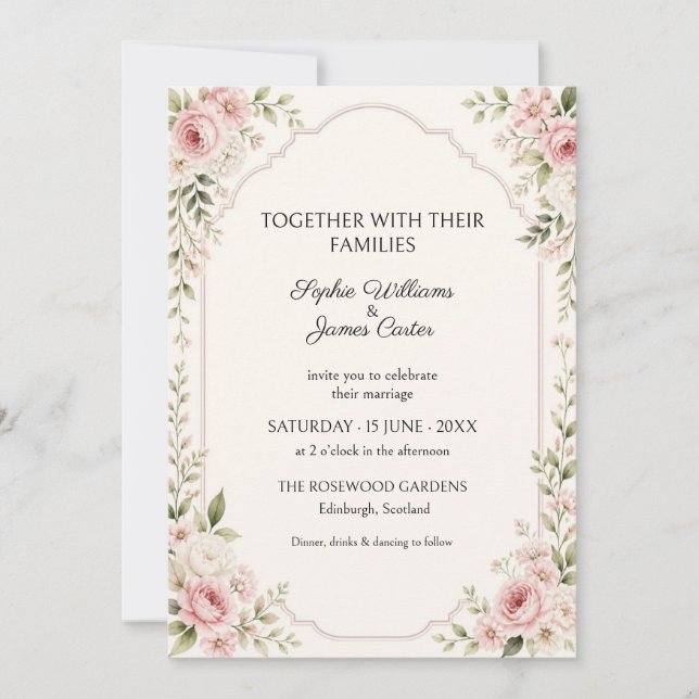 Convite de Casamento com Folhagem e Rosa Cor-de-Ro (Frente)