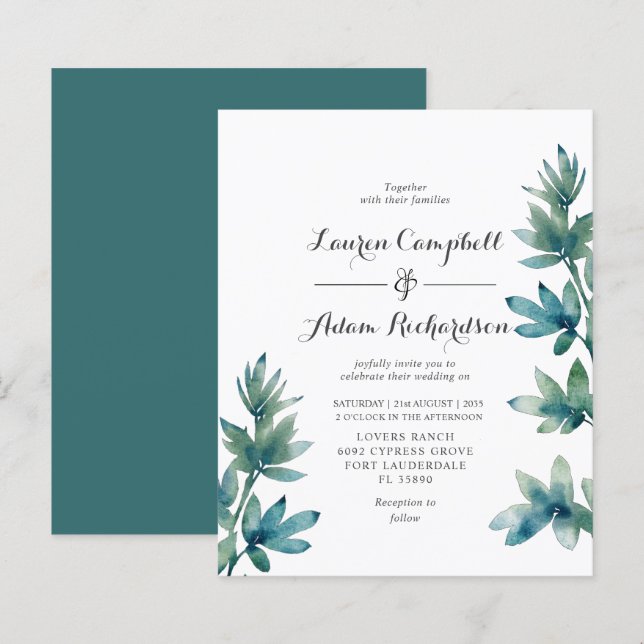 Convite de Casamento com Folhagem em Aquarela Azul (Frente/Verso)