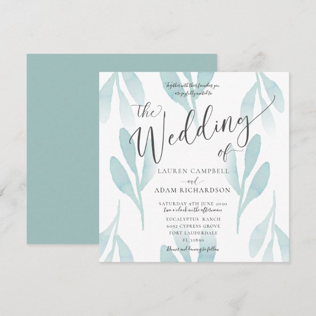 Convite de Casamento com Folhagem em Aquarela Azul (Frente/Verso)