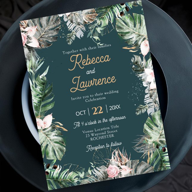 Convite de casamento com folhagem floral tropical  (Criador carregado)